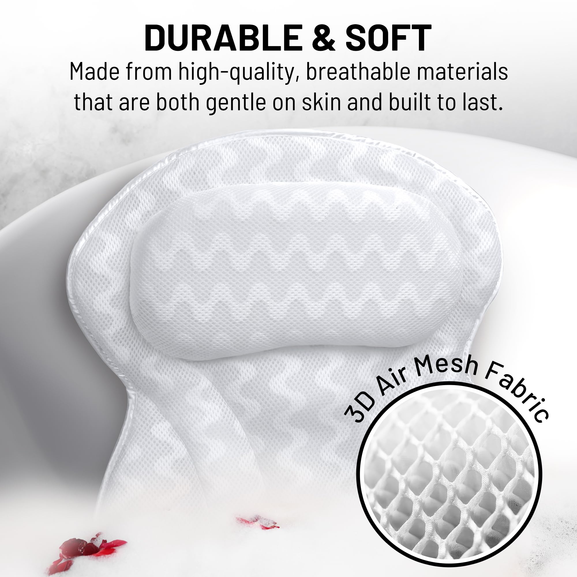 Ventosas firmes de Sierra Concepts aseguran la almohada durante el baño.