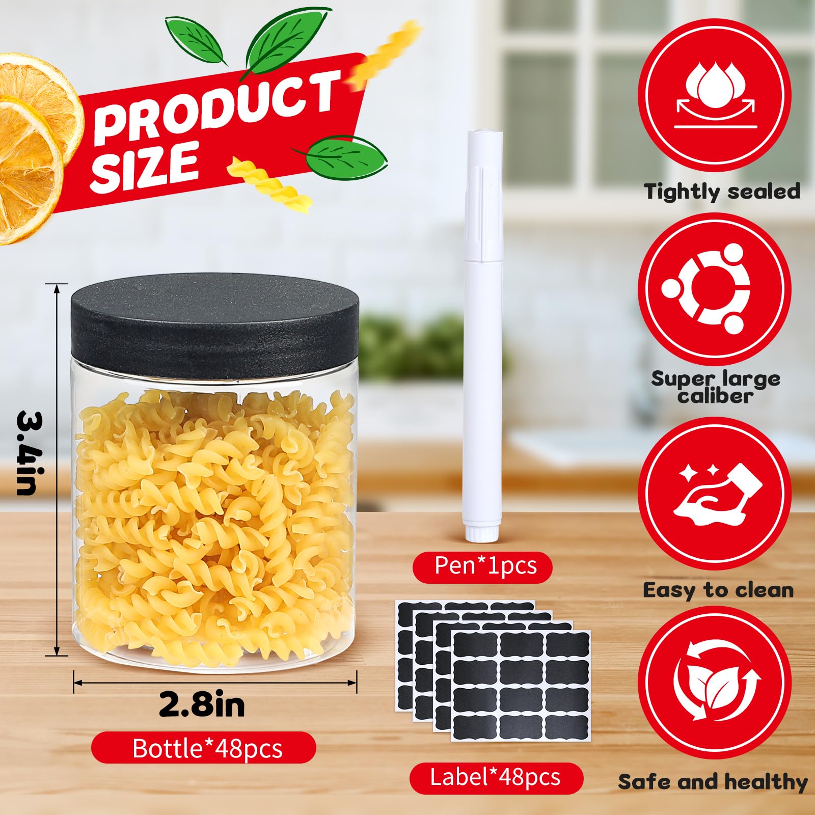 Sietpoek 48-pack empty jars with labels helps keep items organized.