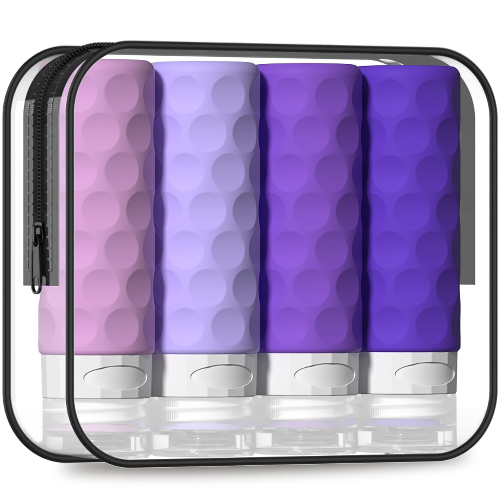 Silevoler travel bottles with purple cap, compact 4-pack for organized toiletries.
