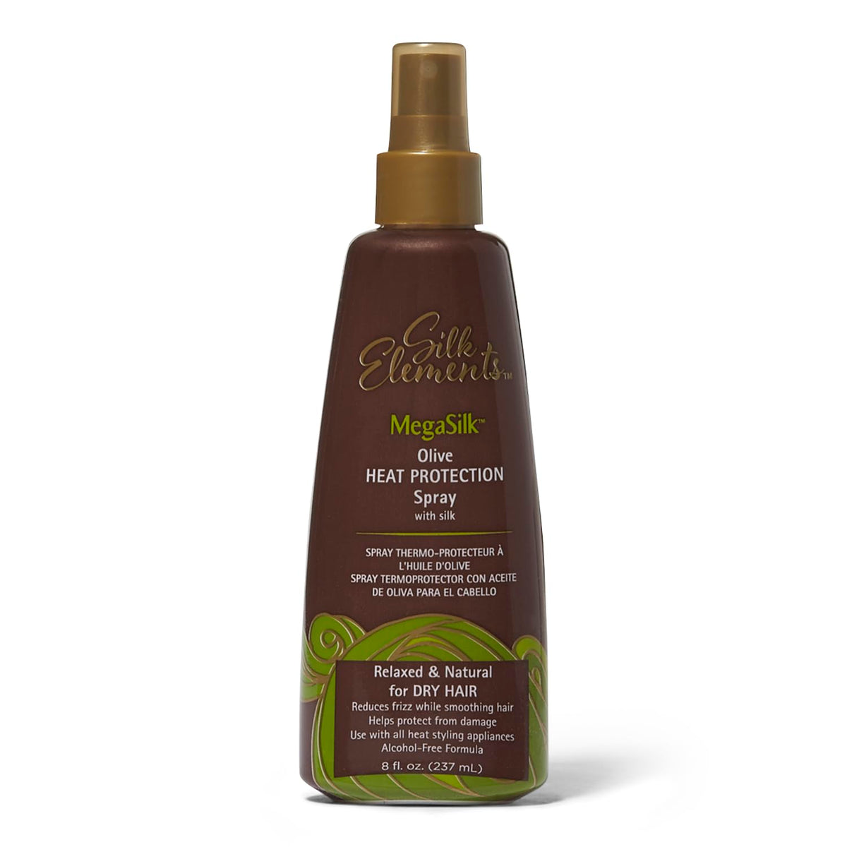Silk Elements Megasilk Olive en botella, protección contra calor y suavidad al cabello.
