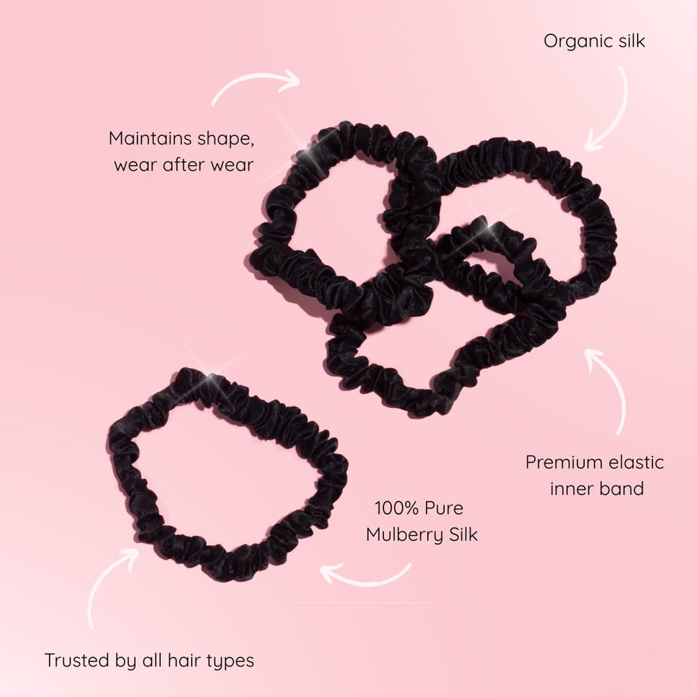 Silkie Mulberry silk scrunchies protect against breakage and frizz.