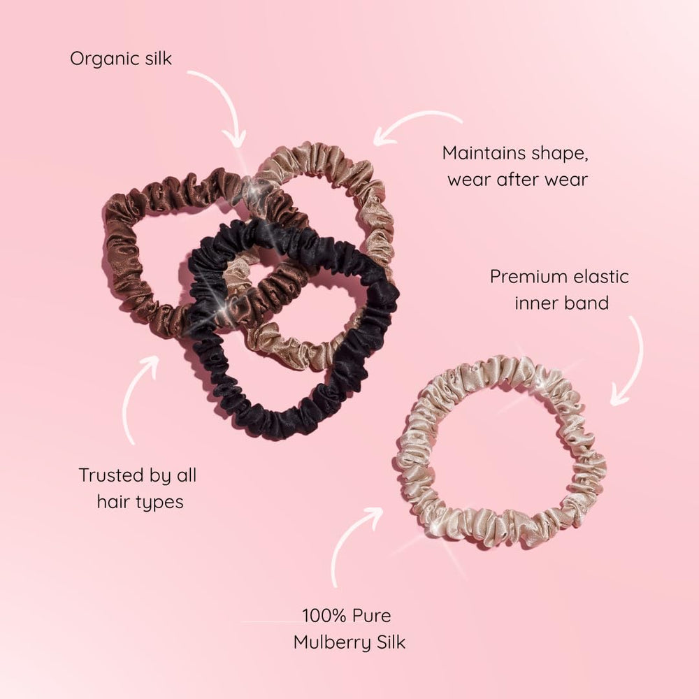 Silkie x4 chocolate scrunchies worn in a ponytail for gentle hold