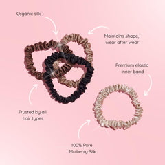 Silkie x4 chocolate scrunchies worn in a ponytail for gentle hold