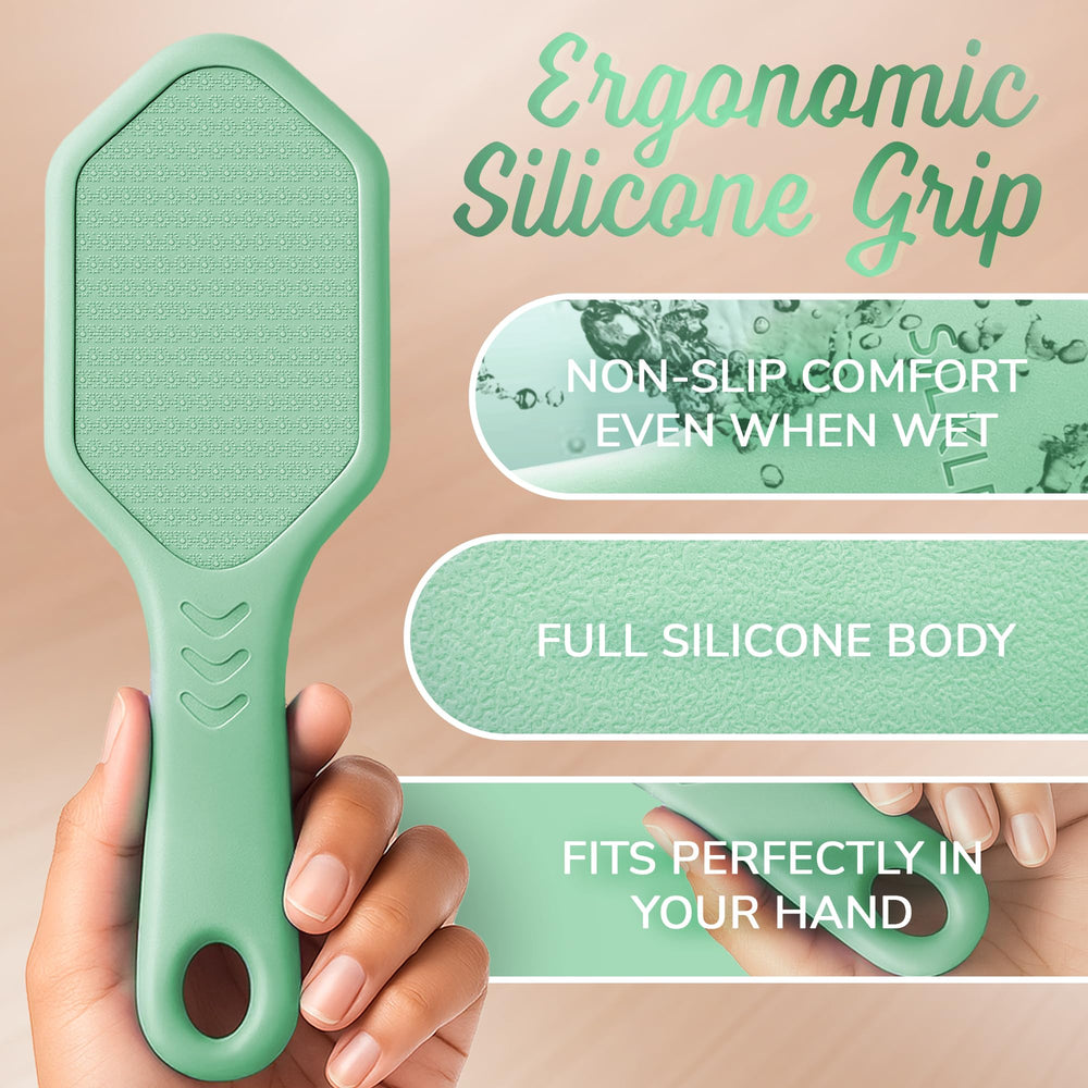 SILKLE all-in-one foot care tool neatly stored in bathroom.
