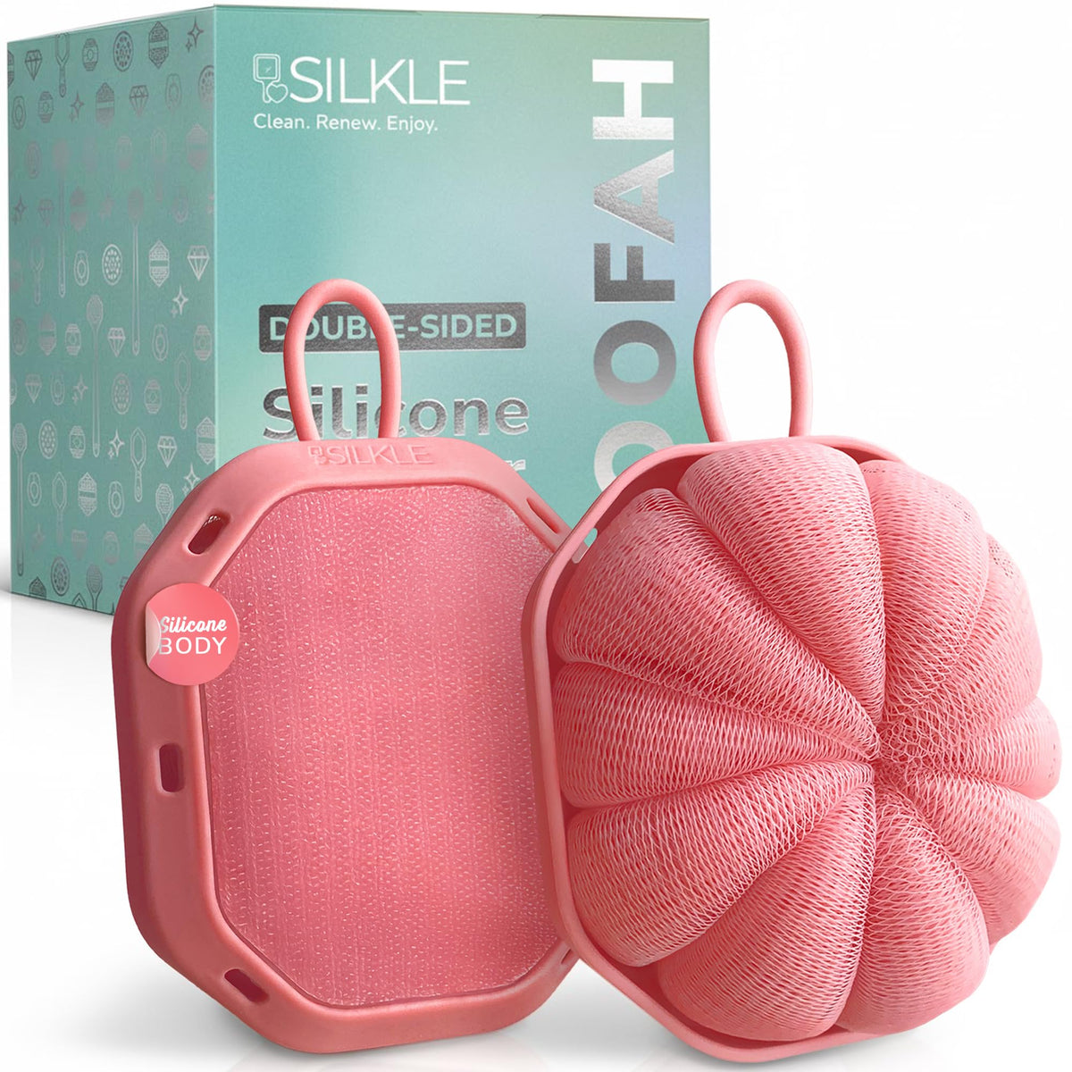 SILKLE double-sided loofah with soft mesh side for gentle daily cleansing.