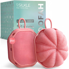 SILKLE double-sided loofah with soft mesh side for gentle daily cleansing.