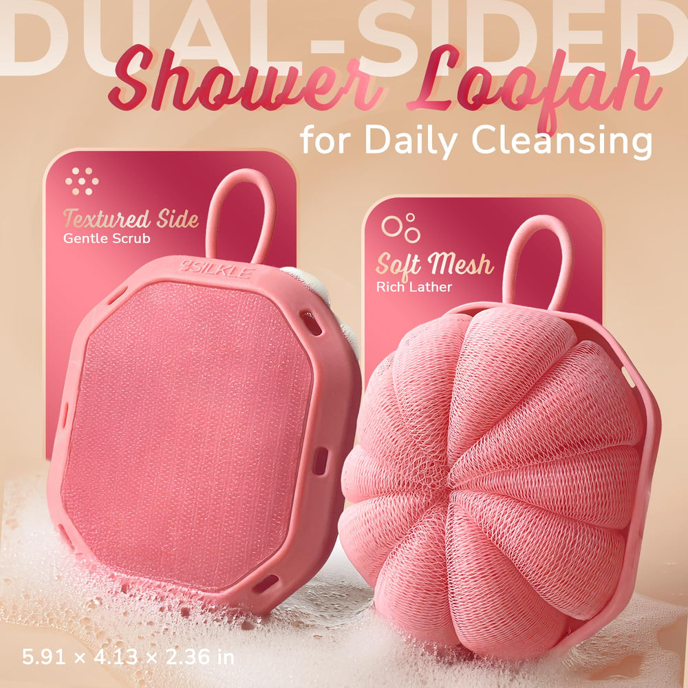 SILKLE double-sided loofah with textured exfoliating side for targeted scrubbing.