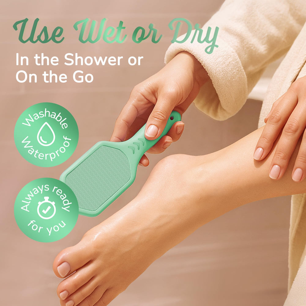 SILKLE foot file in shower demonstrating water-friendly use.