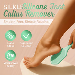 SILKLE foot scrubber with ergonomic grip shown for comfortable control.