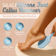 SILKLE Nano Glass Foot File in hand with ergonomic grip for gentle exfoliation.