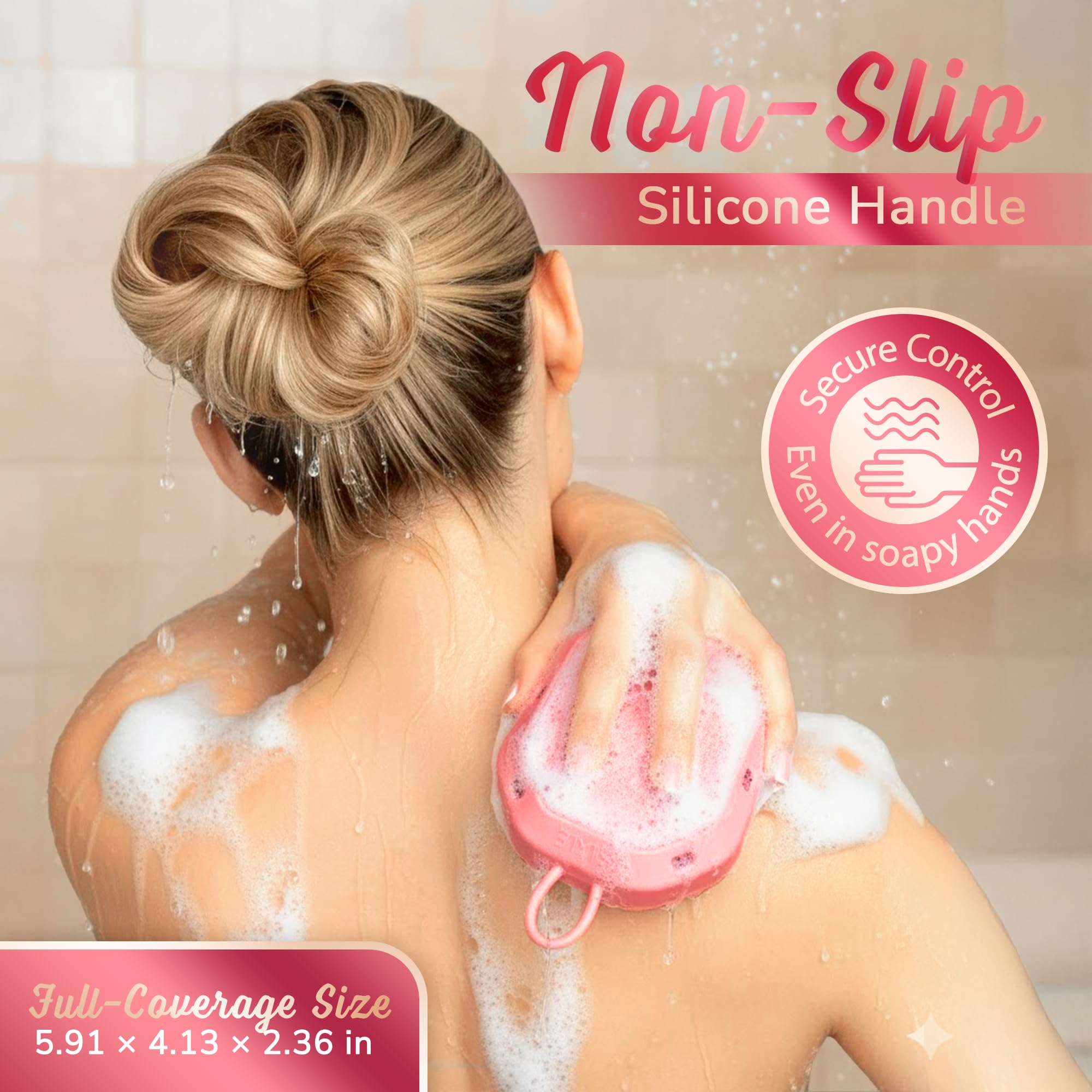 SILKLE loofah with non-slip silicone grip for secure use in wet showers.