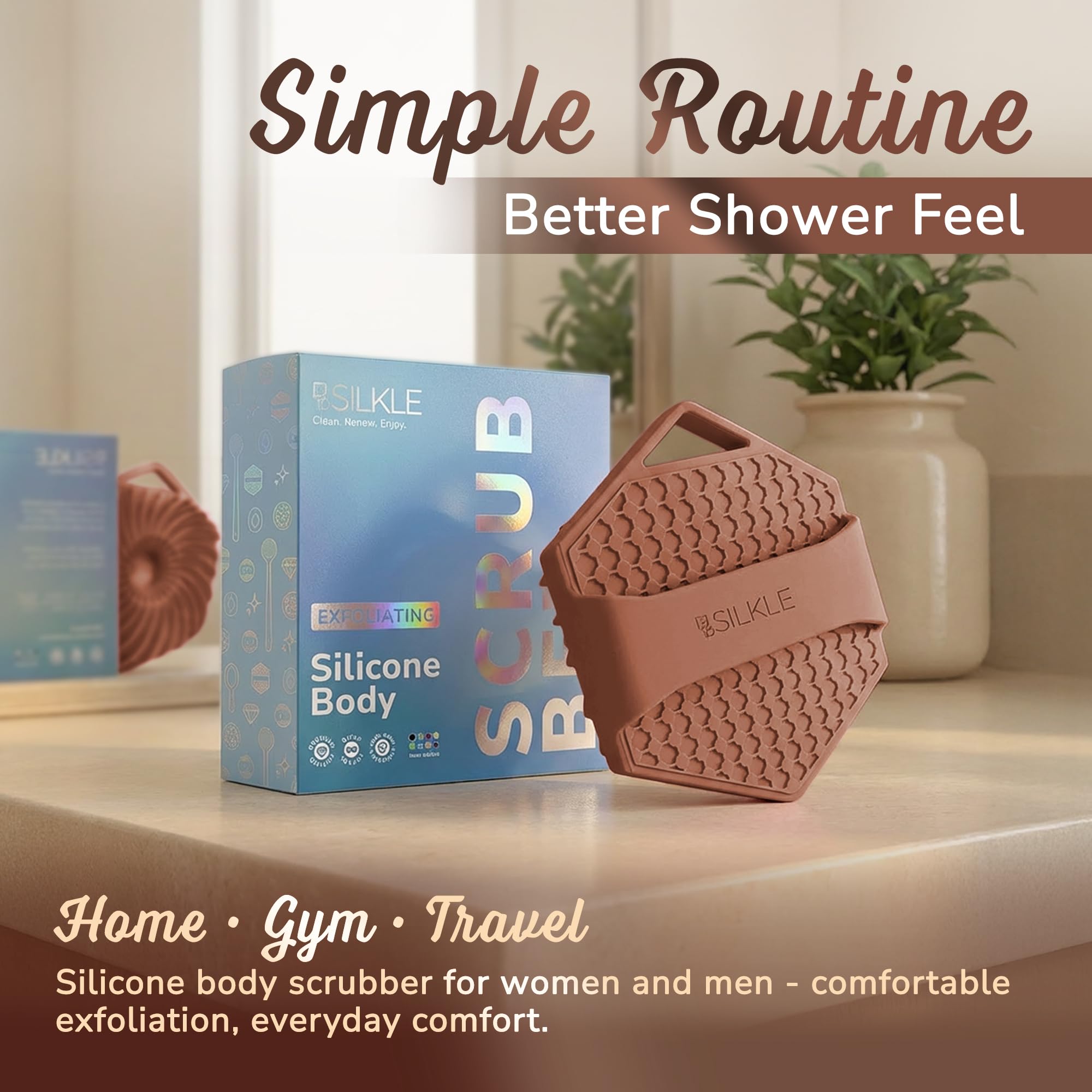 SILKLE silicone body scrubber brown color detail and ergonomic form.