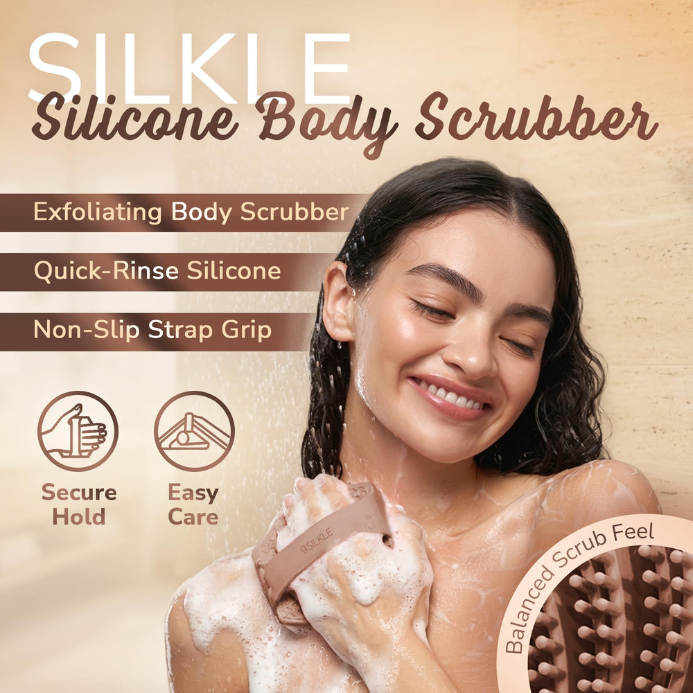 SILKLE silicone body scrubber close-up shows non-slip grip for steady scrubbing.