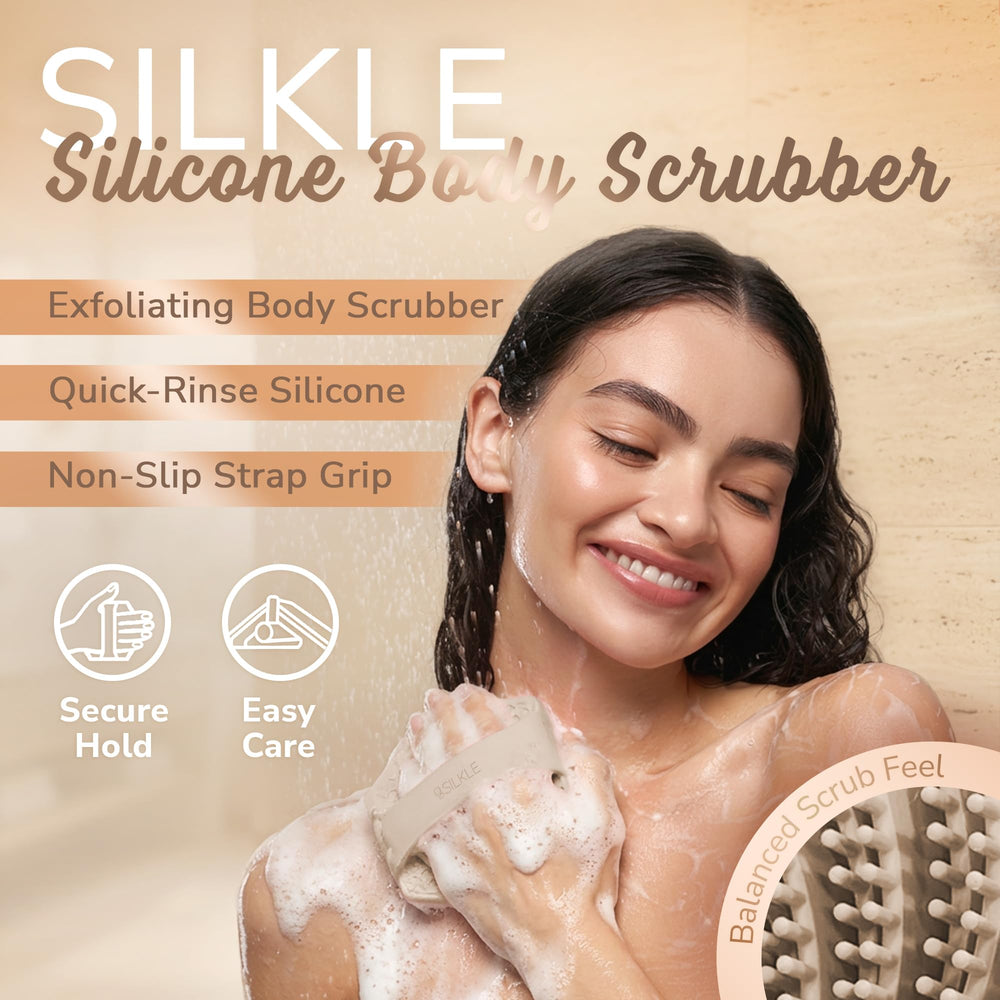 SILKLE silicone body scrubber non-slip grip in action for secure shower scrubbing