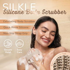 SILKLE silicone body scrubber non-slip grip in action for secure shower scrubbing