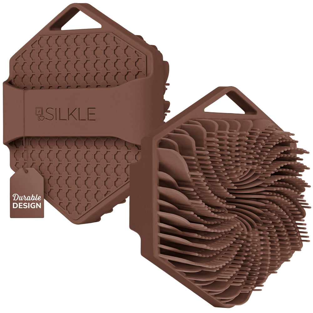 SILKLE silicone body scrubber packshot highlighting hygienic, quick-dry design for daily use.