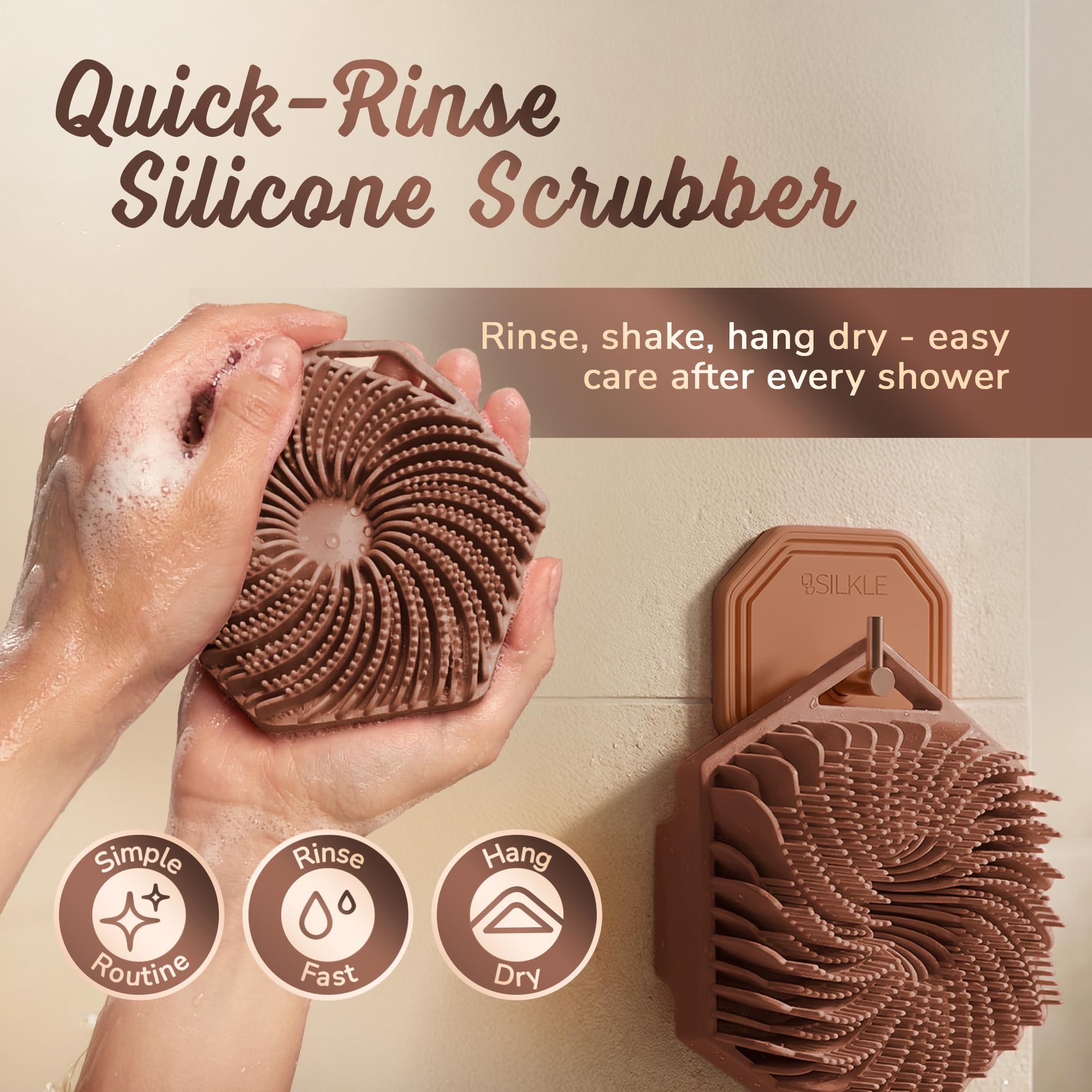 SILKLE silicone body scrubber travel-friendly design fits gym bag.