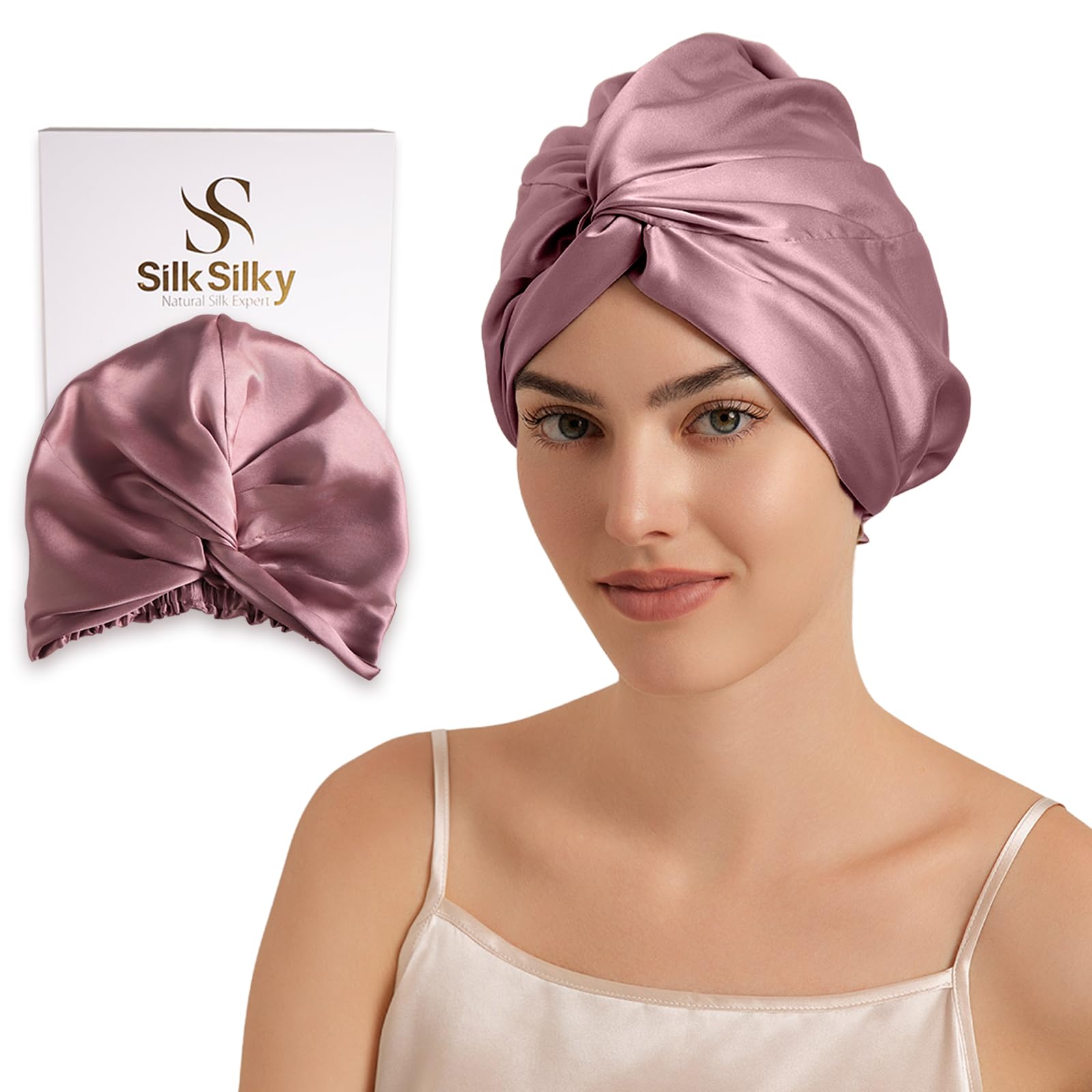 SilkSilky silk bonnet 22 Momme front view for gentle overnight frizz control