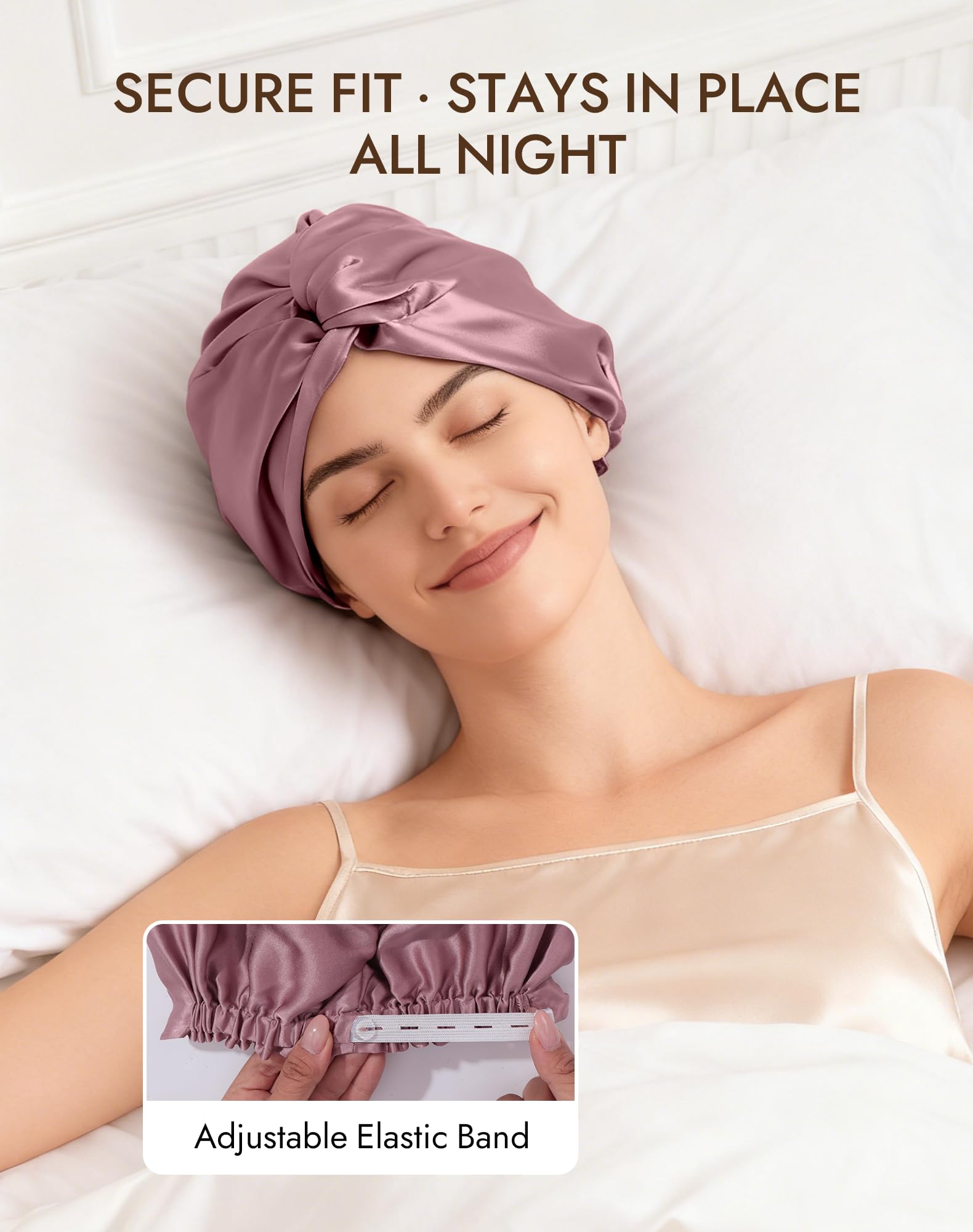 Adjustable back elastic on SilkSilky bonnet for secure fit
