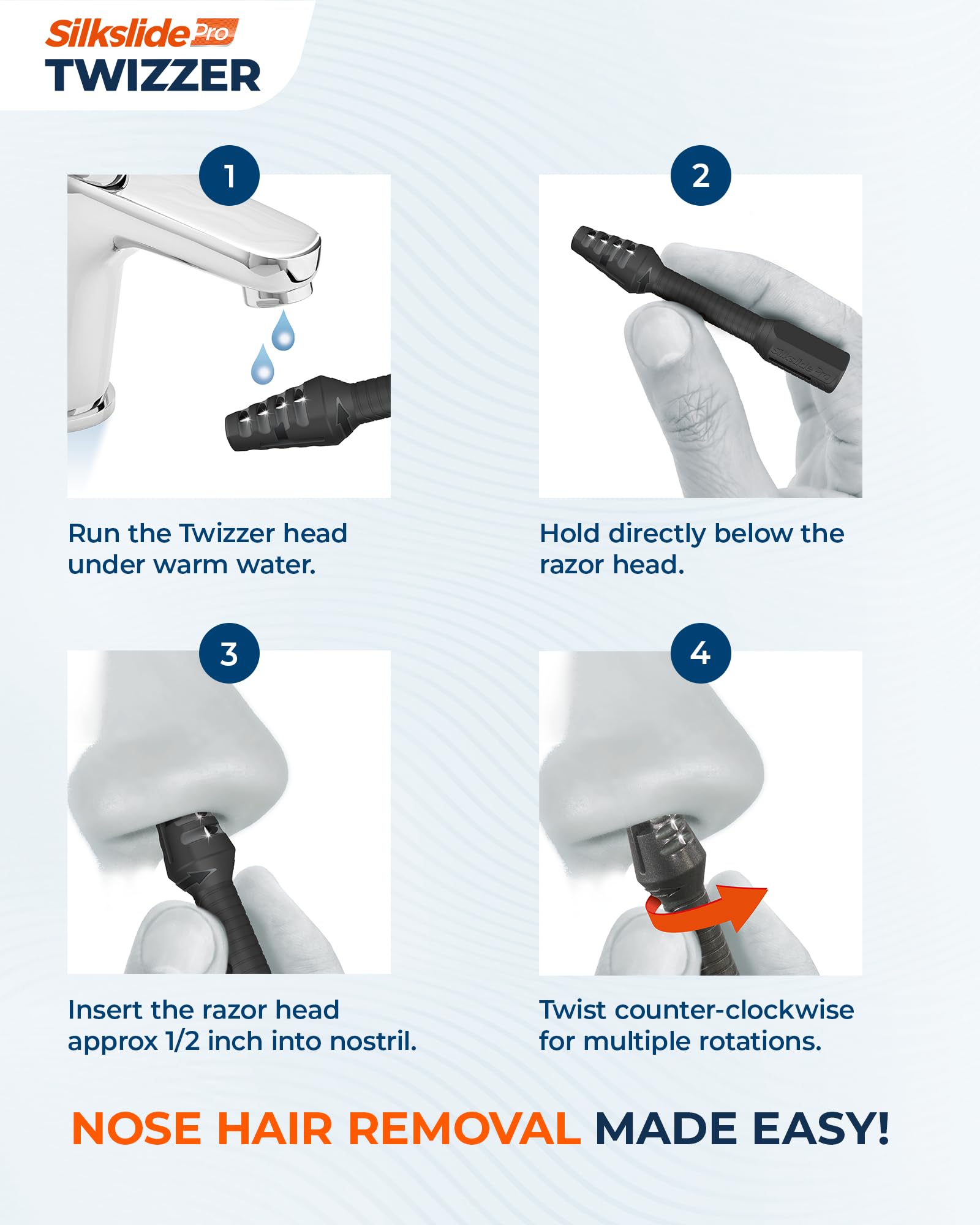 Silkslide TWIZZER ear-trimmer closeup highlights blade safety and comfort.