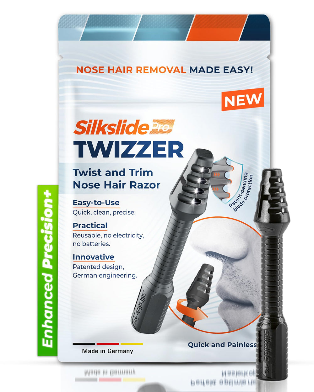 Silkslide TWIZZER nose-trimmer angle for precise grooming without cords.