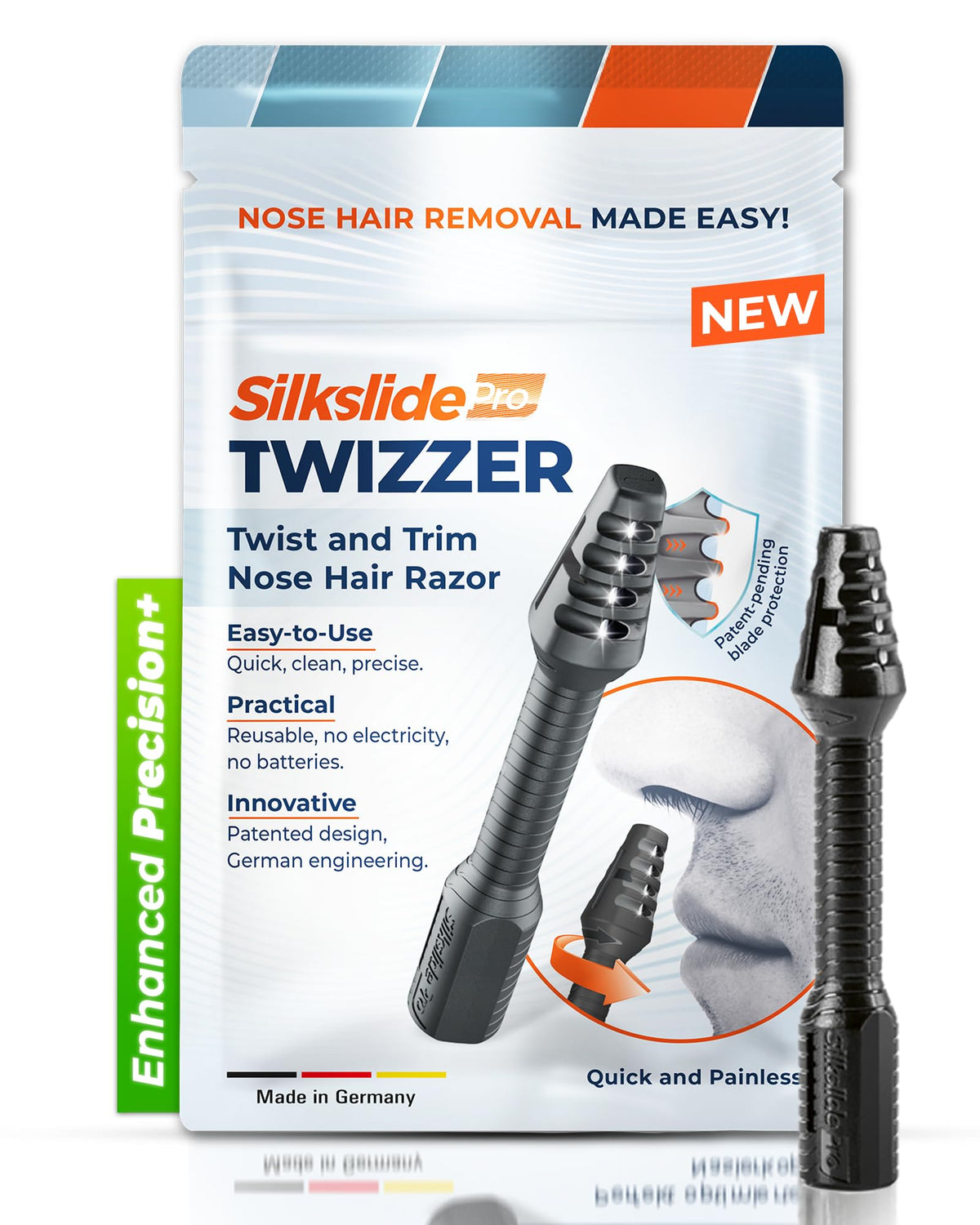 Silkslide TWIZZER nose-trimmer angle for precise grooming without cords.