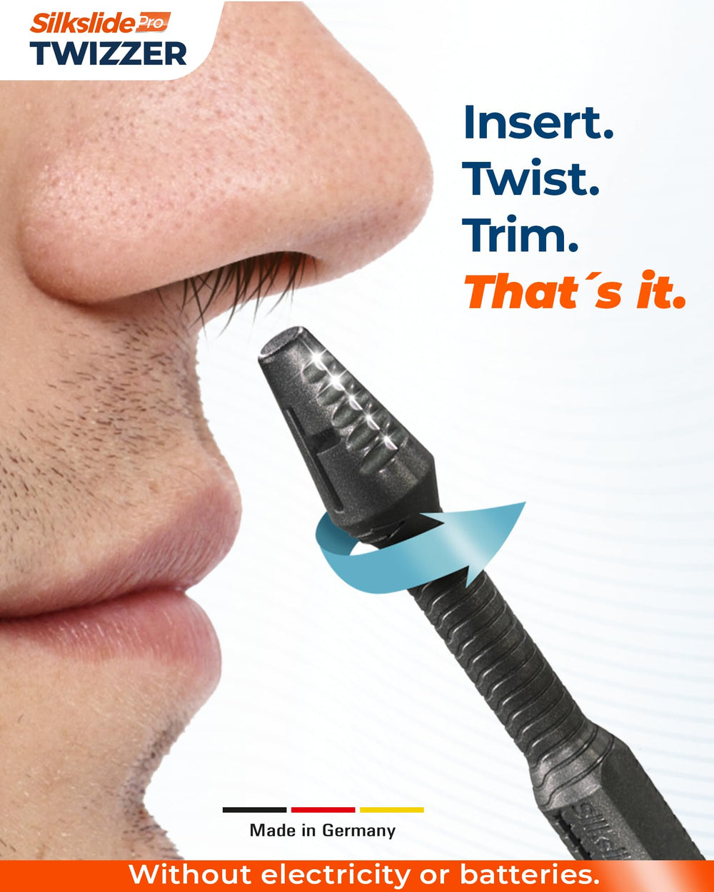 Silkslide TWIZZER blade-protection head ensures safe trimming on all nose sizes.