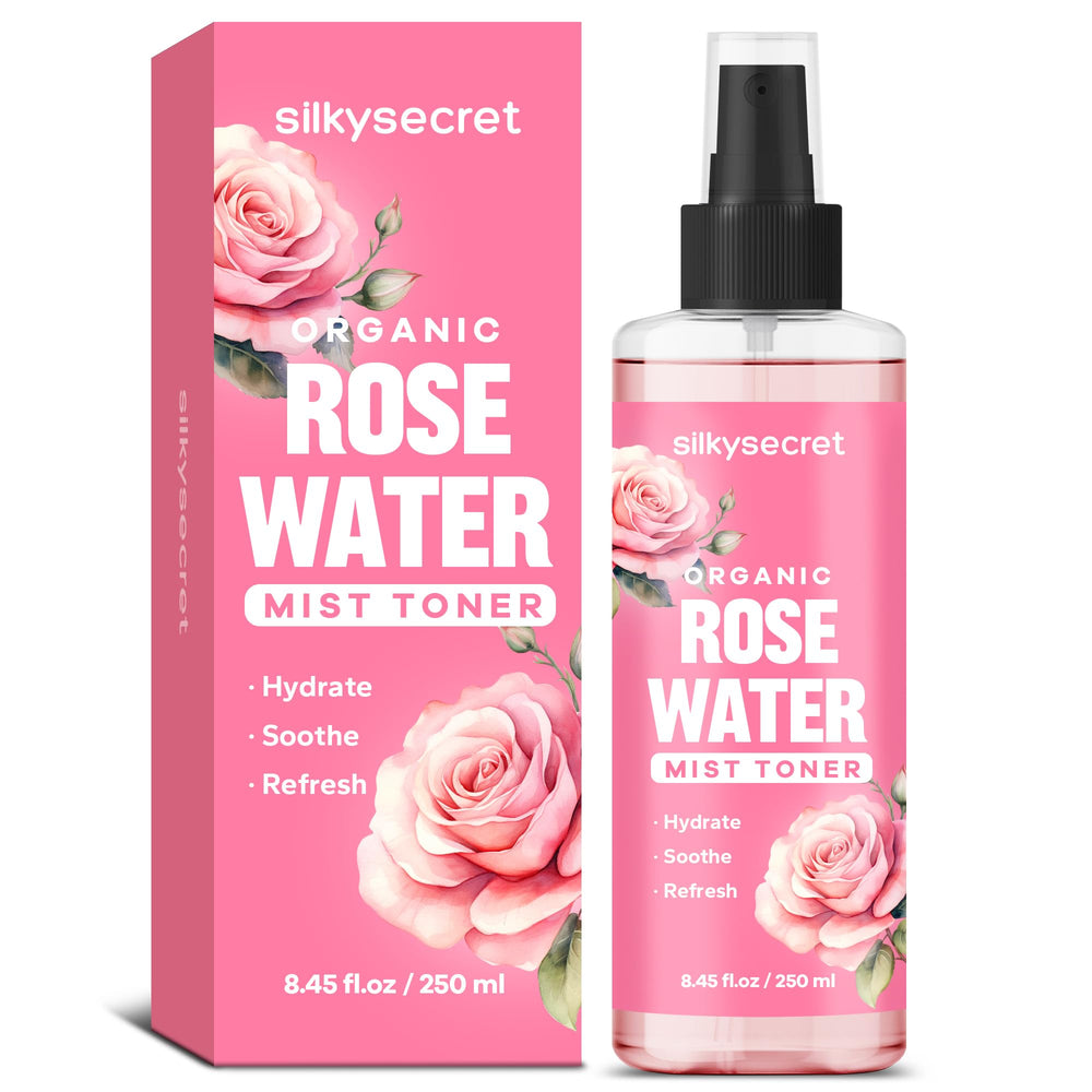 SilkySecret Agua de Rosas Orgánica: botella para uso diario en rostro con hidratación suave.