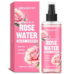 SilkySecret Agua de Rosas Orgánica: botella para uso diario en rostro con hidratación suave.