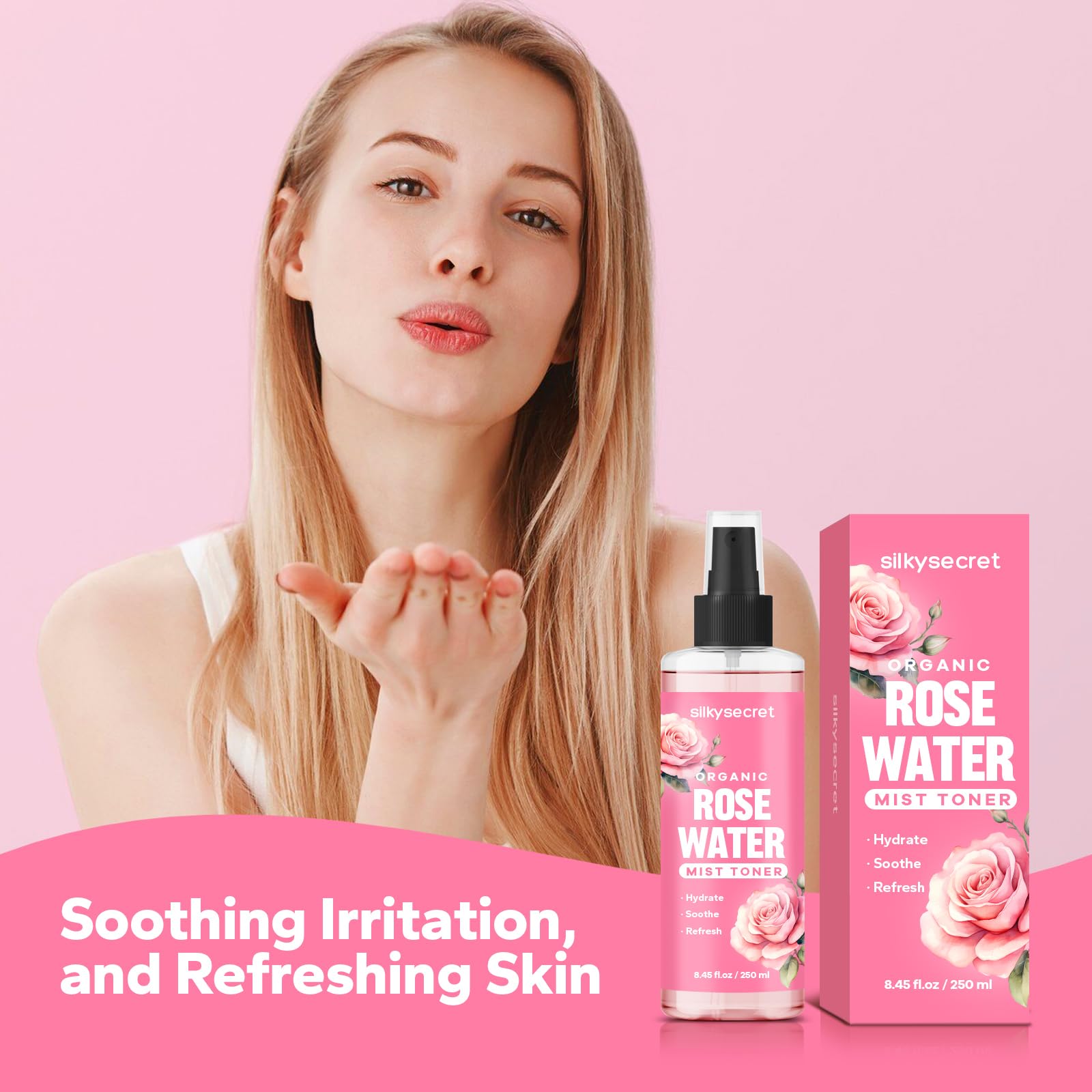 SilkySecret Agua de Rosas Orgánica: aroma natural para confort diario y relajación.