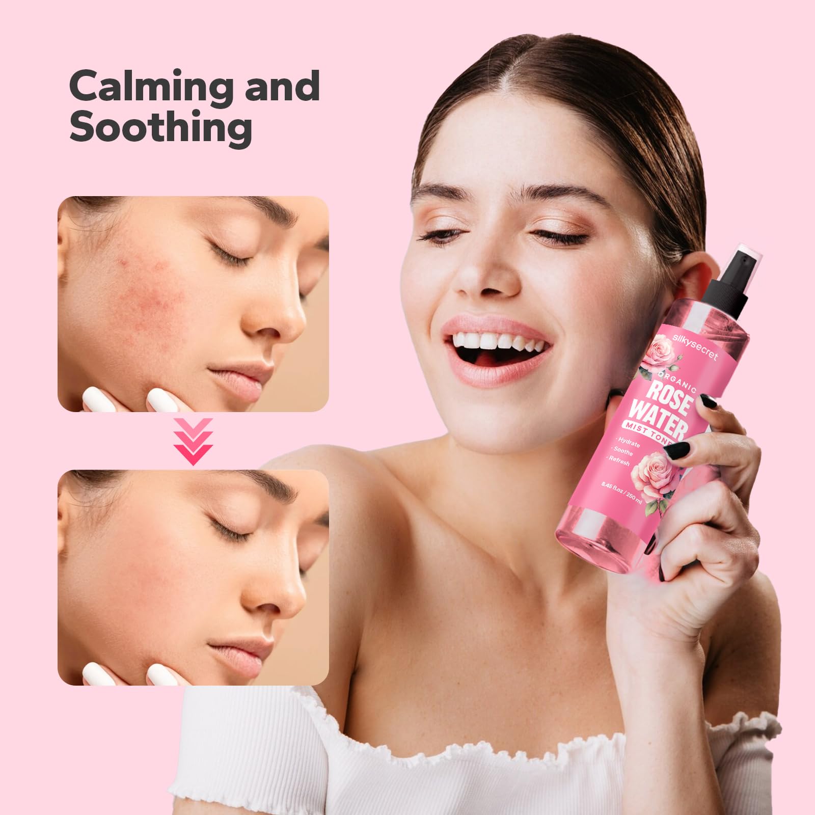 SilkySecret Agua de Rosas Orgánica: niebla capilar refrescante para cabello y cuero cabelludo.