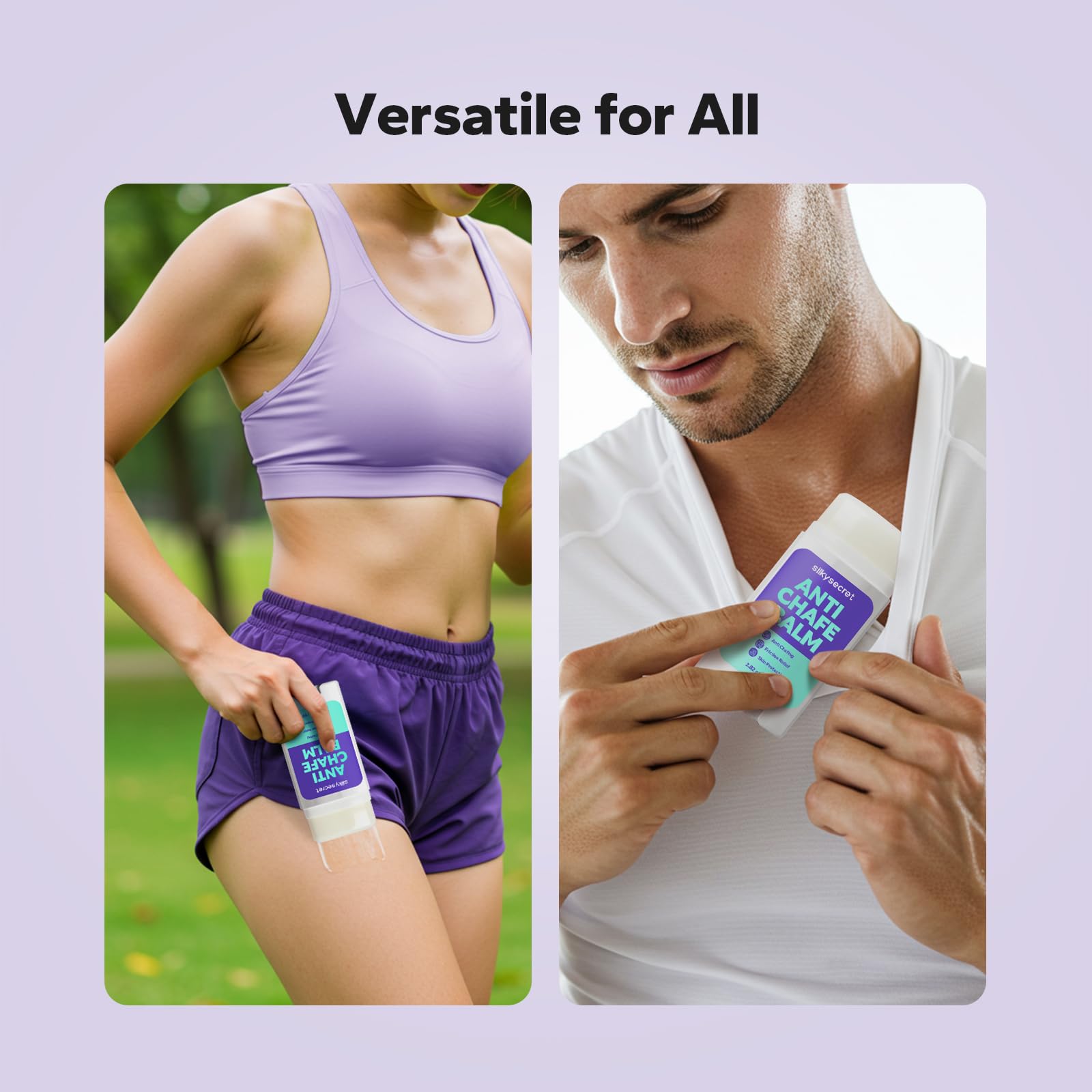 SilkySecret anti-chafing stick provides long-lasting protection during activities.