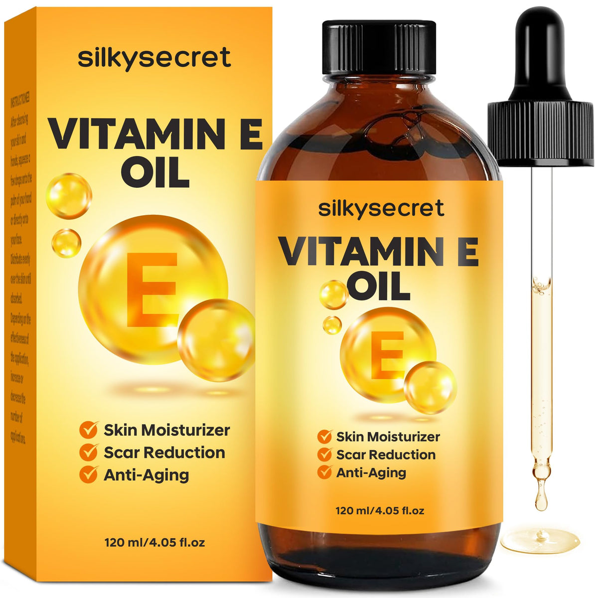 SilkySecret Vitamin E oil bottle with pour for easy application