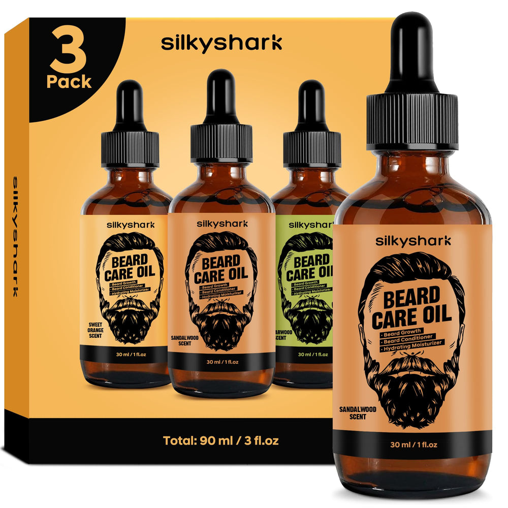 SilkyShark Beard Oil 3 Pack bottle setup for clean display and easy pour