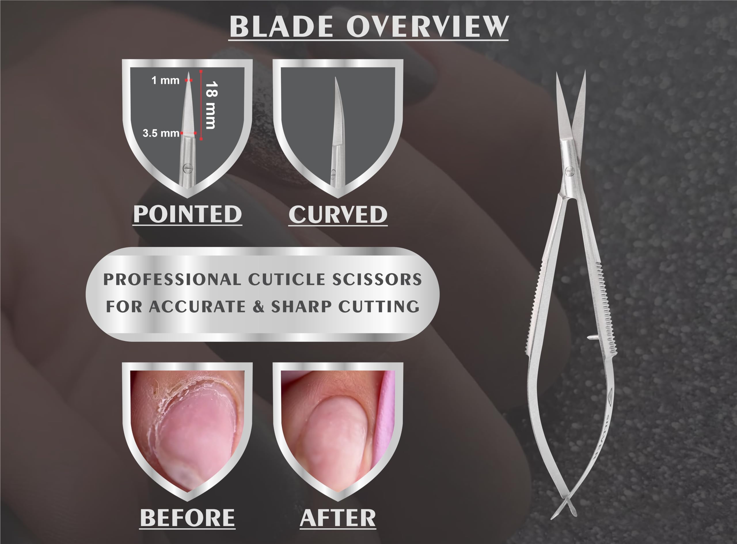 SILLVER cuticle scissors shown for multi-purpose trimming around nails.