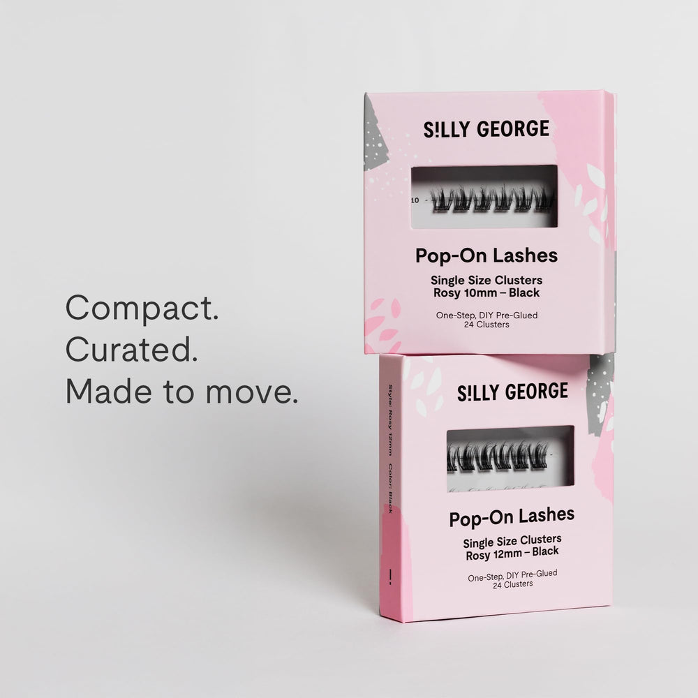 Silly George clear-band lash clusters blend seamlessly for a barely-there look.