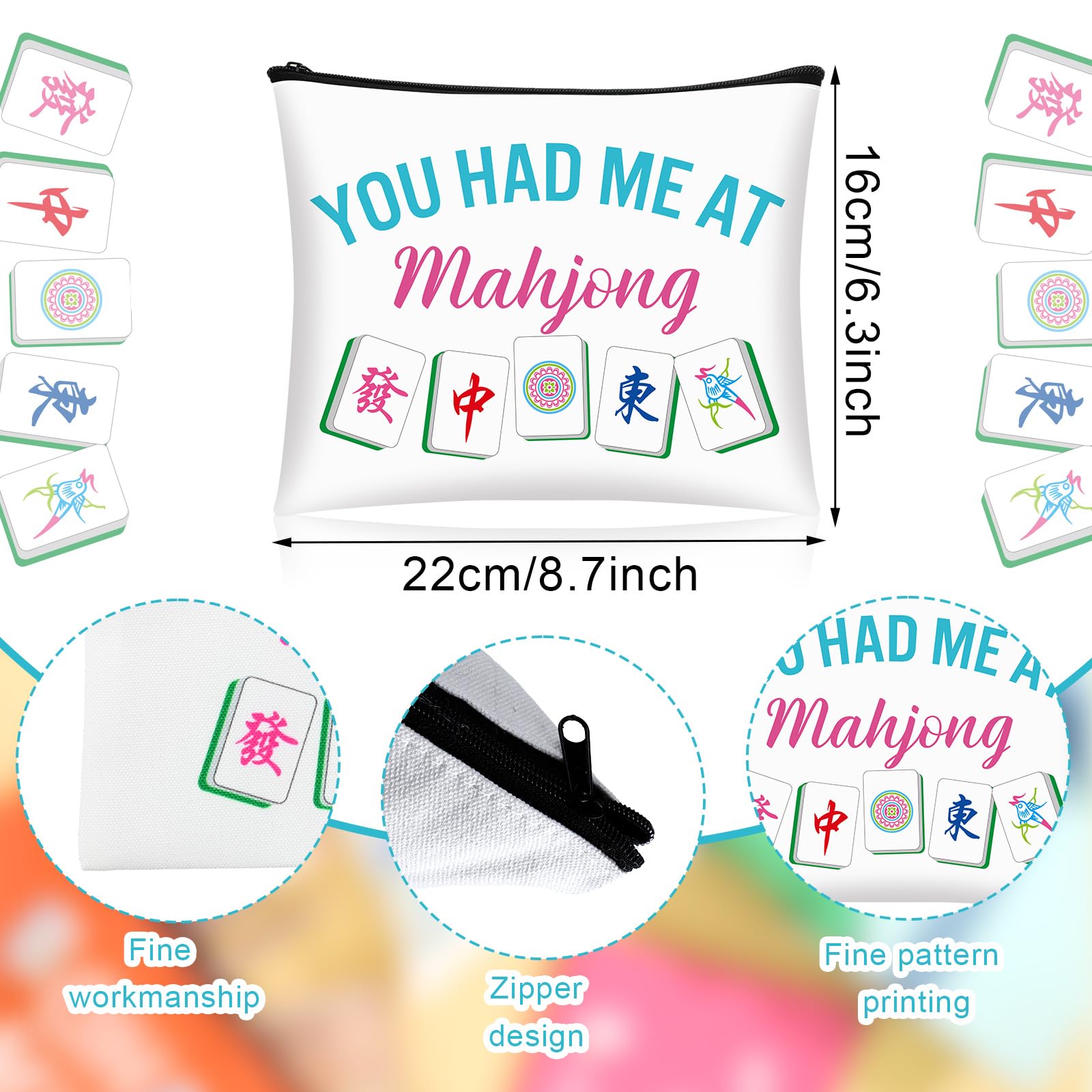 SilTriangle Mahjong cosmetic bag style 2, soft canvas with vivid mahjong prints for organization.
