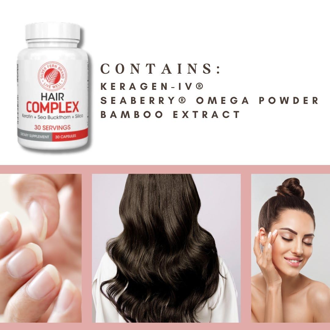 Silver Fern Hair Complex bottle-back label view conveys usage details and ingredients.