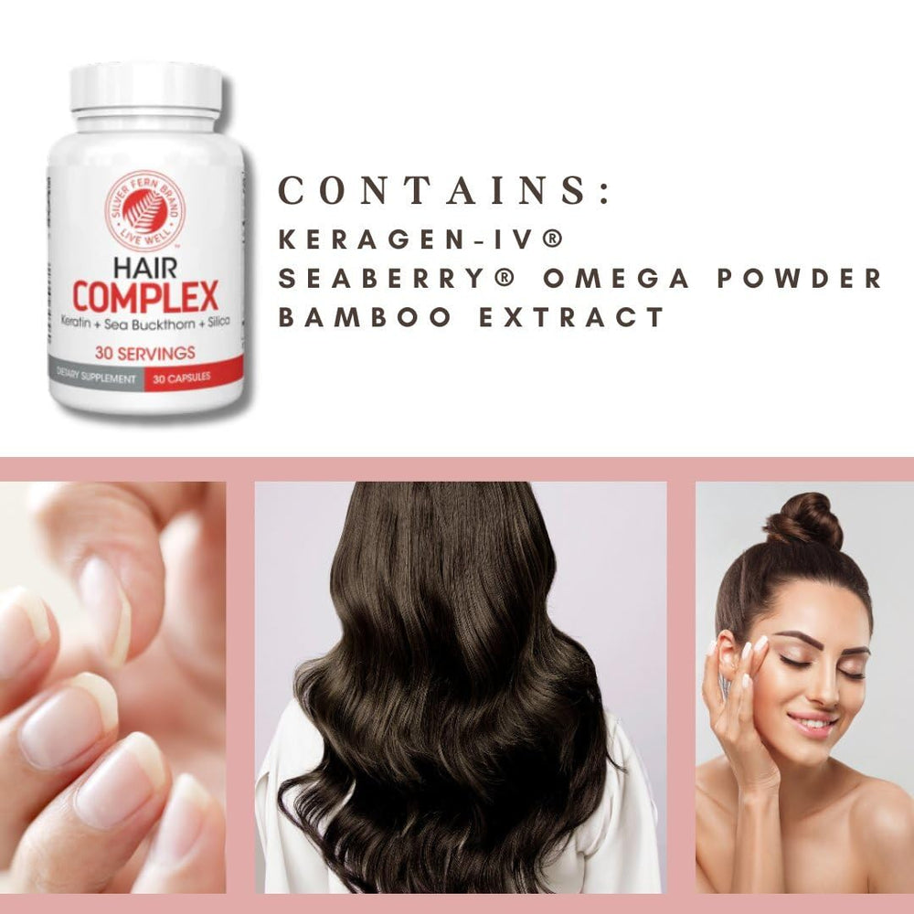 Silver Fern Hair Complex bottle-back label view conveys usage details and ingredients.