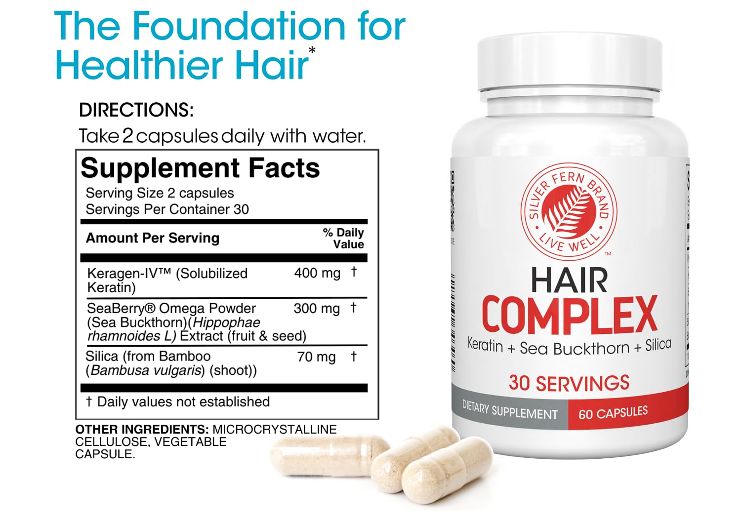 Silver Fern Hair Complex bottle cap close-up highlights easy-to-swallow capsules for everyday wellness.