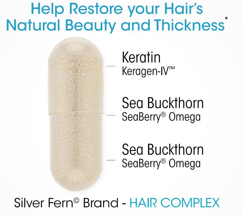 Silver Fern Hair Complex tibetan sea buckthorn image emphasizes SeaBerry as a natural nutrient source.