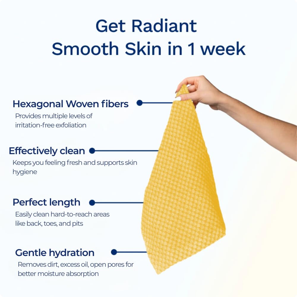 Sima toalla exfoliante de baño, doble cara para piel radiante.