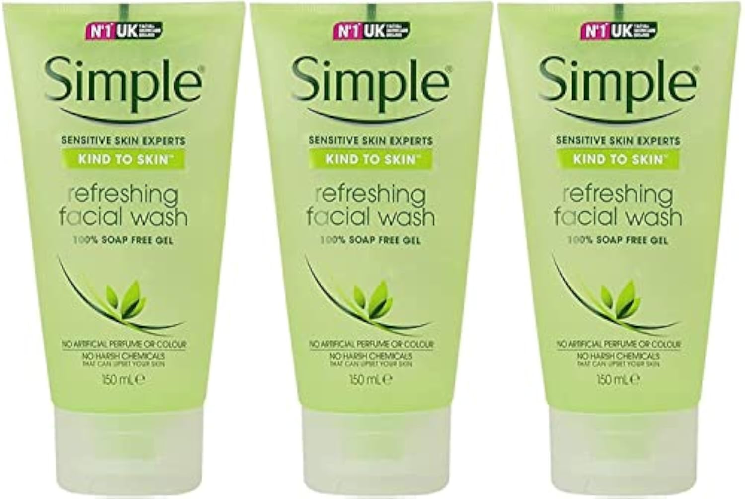 Simple gel limpiador facial, pack3 tubos, limpieza suave para piel sensible.