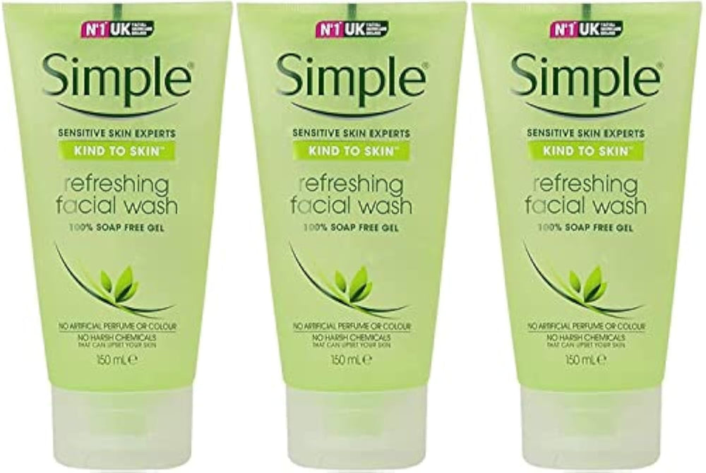 Simple gel limpiador facial, pack3 tubos, limpieza suave para piel sensible.