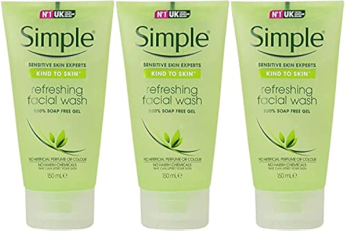 Simple gel limpiador facial, pack3 tubos, limpieza suave para piel sensible.