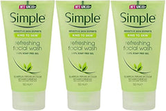 Simple gel limpiador facial, pack3 tubos, limpieza suave para piel sensible.