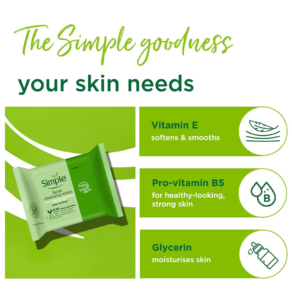 Simple Kind to Skin wipe used on face for refreshing cleanse.
