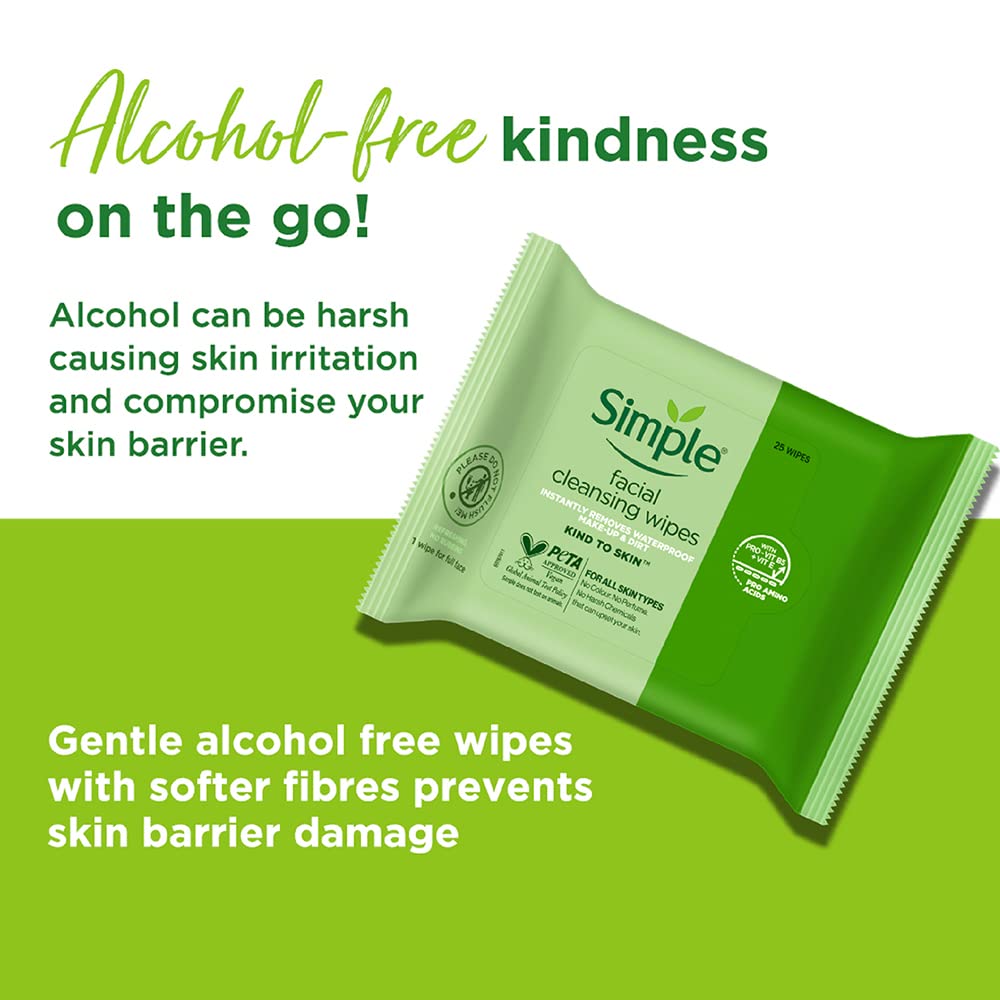 Open resealable pack of Simple Kind to Skin wipes, 25 count.