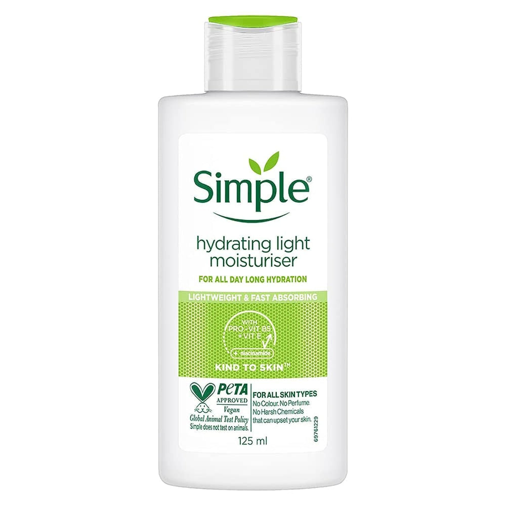 Simple Kind To Skin Hydrating Light Moisturiser bottle delivers all-day hydration.