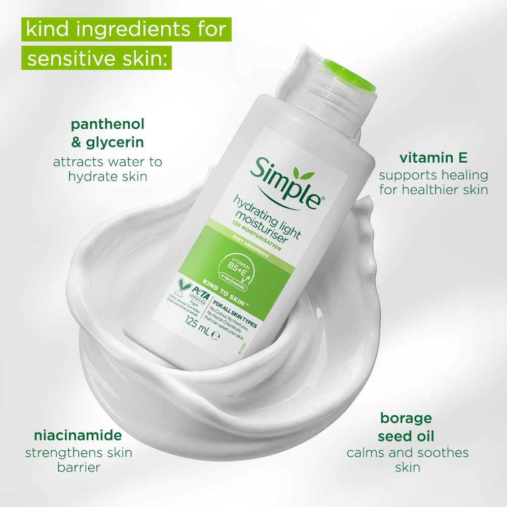 Simple Hydrating Light Moisturiser pump shows easy, smooth application.